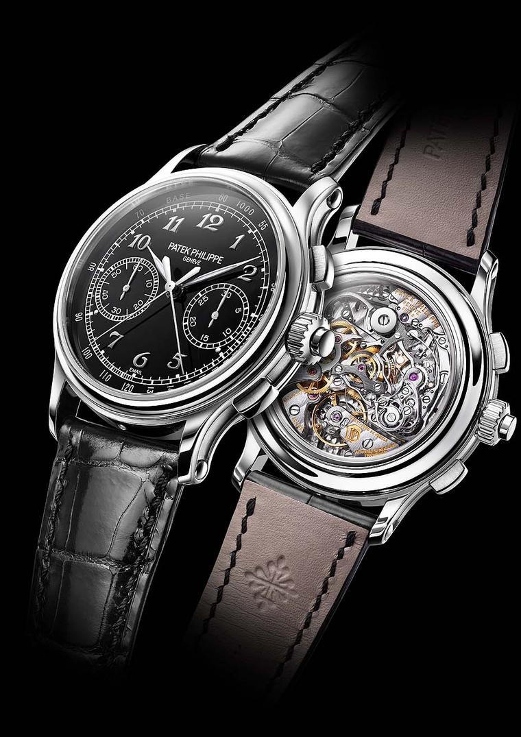 Patek Philippe watches Split-Seconds chronograph is one of Patek's most coveted complications powered by calibre CHR 29-335 PS. The 41mm platinum case is offset by the sleek black enamel dial.